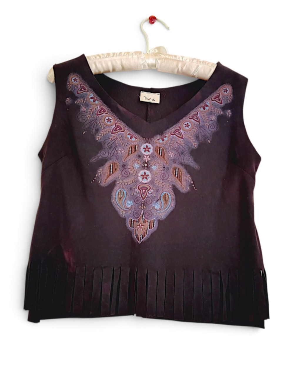 Dani-An Black Fringed Tank top cropped suede feel western paisley soft boho
